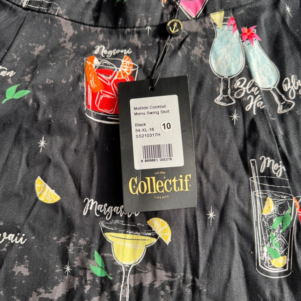 NWT Collectif London Matilde Cocktail Menu Swing Skirt XL UK 16 Retro Pinup - Picture 3 of 5